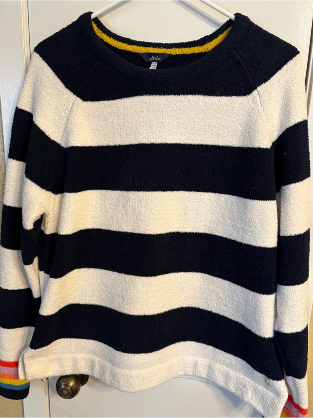 Joules Navy & White Wide-Stripe Crew Sweater with Rainbow Cuffs